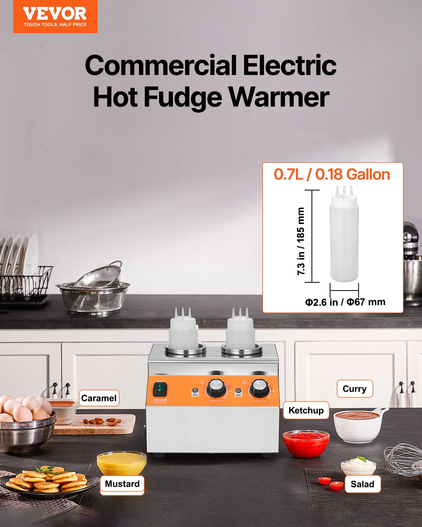 VEVOR Electric Bottle Warmer with Bottles, 0.8x2 LCommercial Cheese Dispenser, Hot Fudge Warmer 86-185℉ Temp Adjustable, Plastic Double Bottles Nacho Cheese Warmer, for Hot Fudge Cheese Caram Caramel