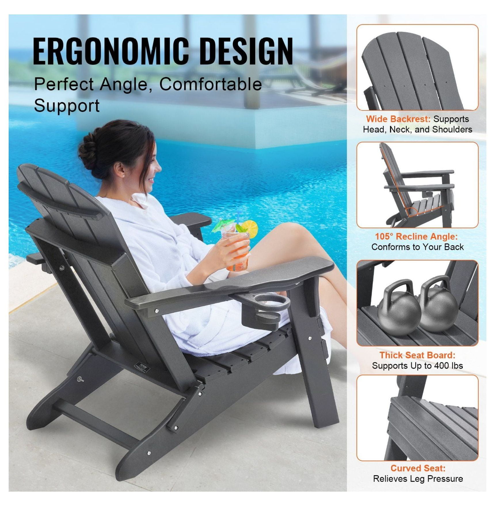 Adirondack Chairs Set of 2, Plastic Folding Outdoor Patio Furniture, All-Weather Fire Pit Chairs, Gray