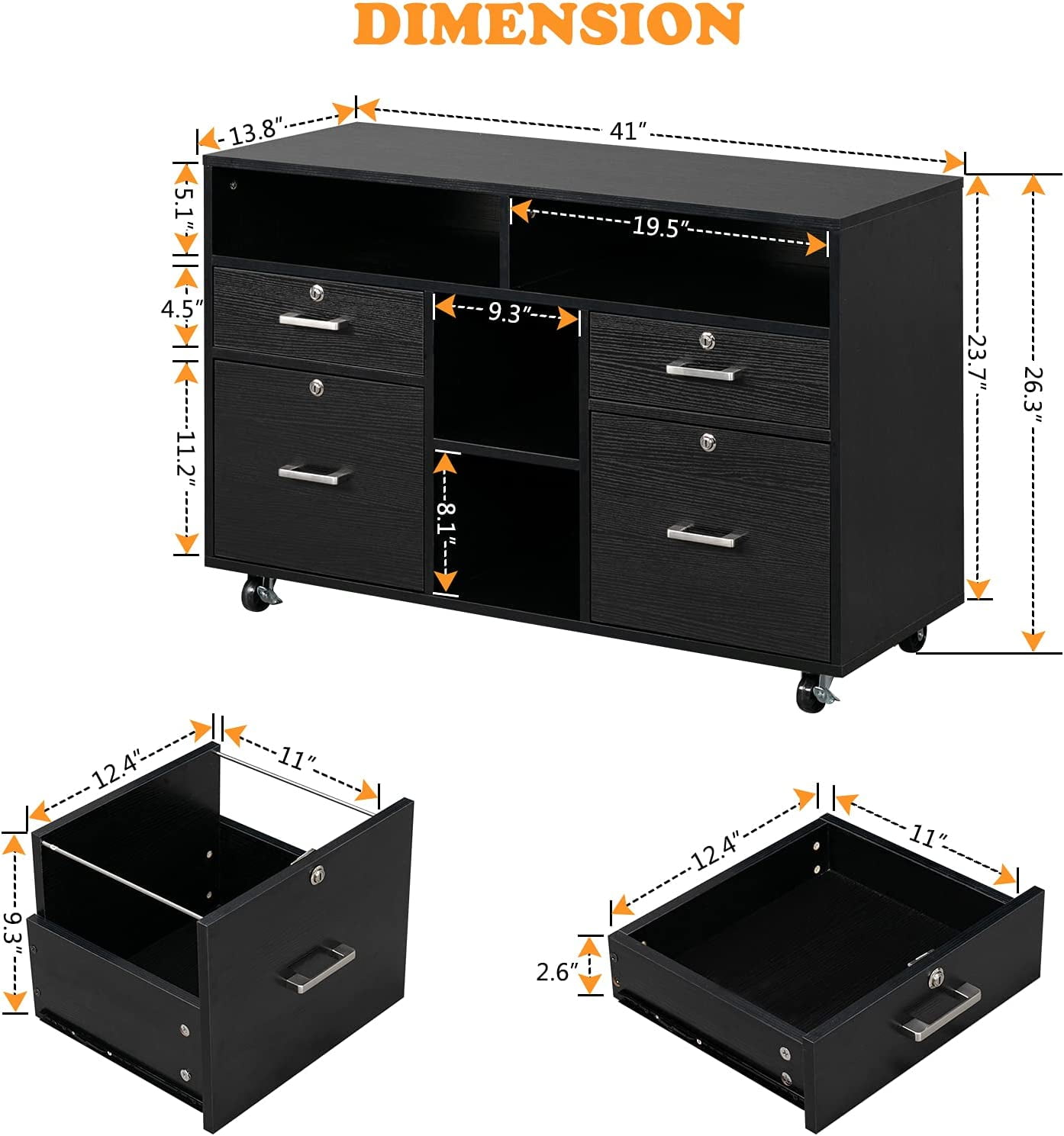 VINGLI Rolling 4-Drawer File Cabinet with Lock and Shelves, Wood Lateral Filling Printer Stand for Home Office, Black