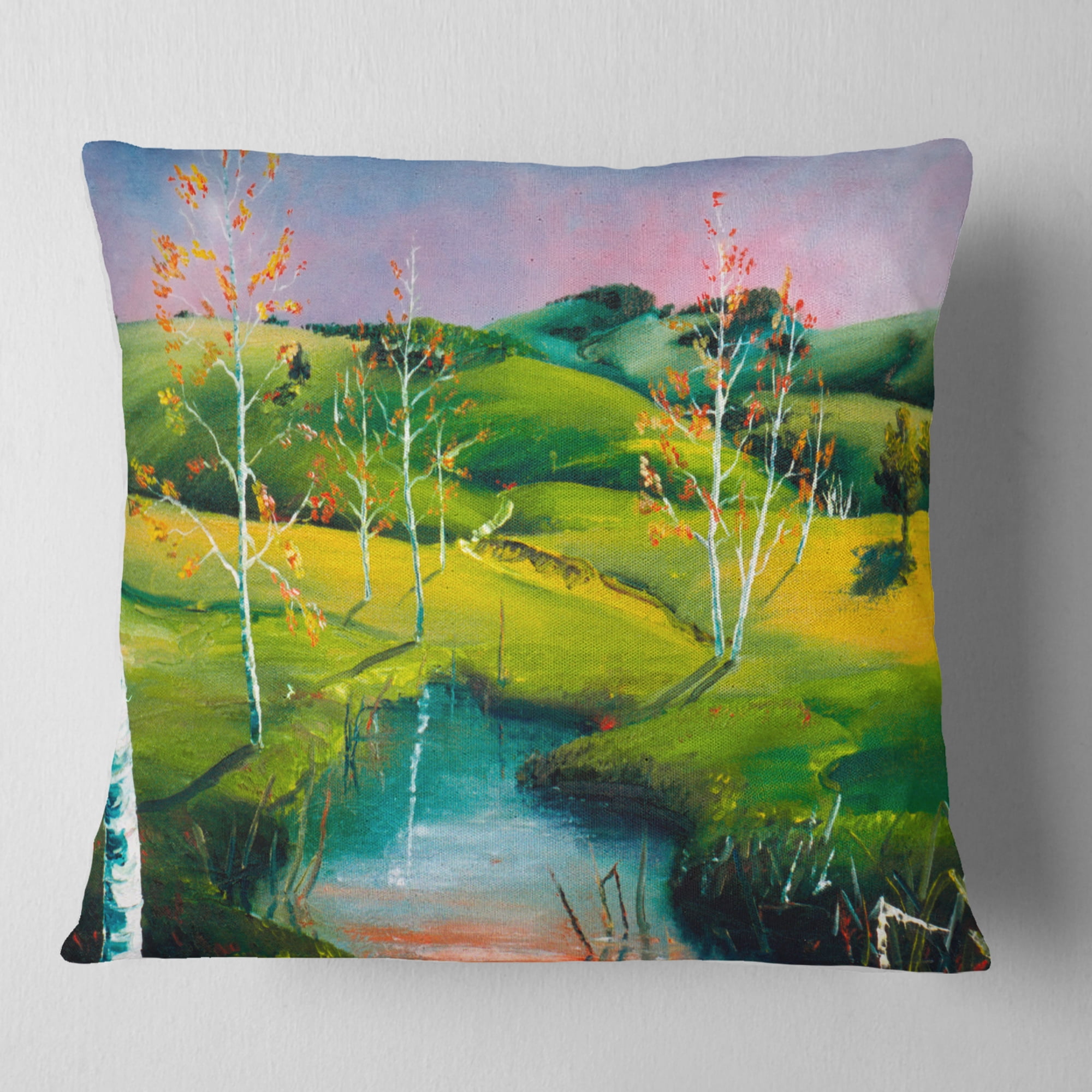 Designart Endless Green Pastures - Landscape Painting Throw Pillow - 18x18