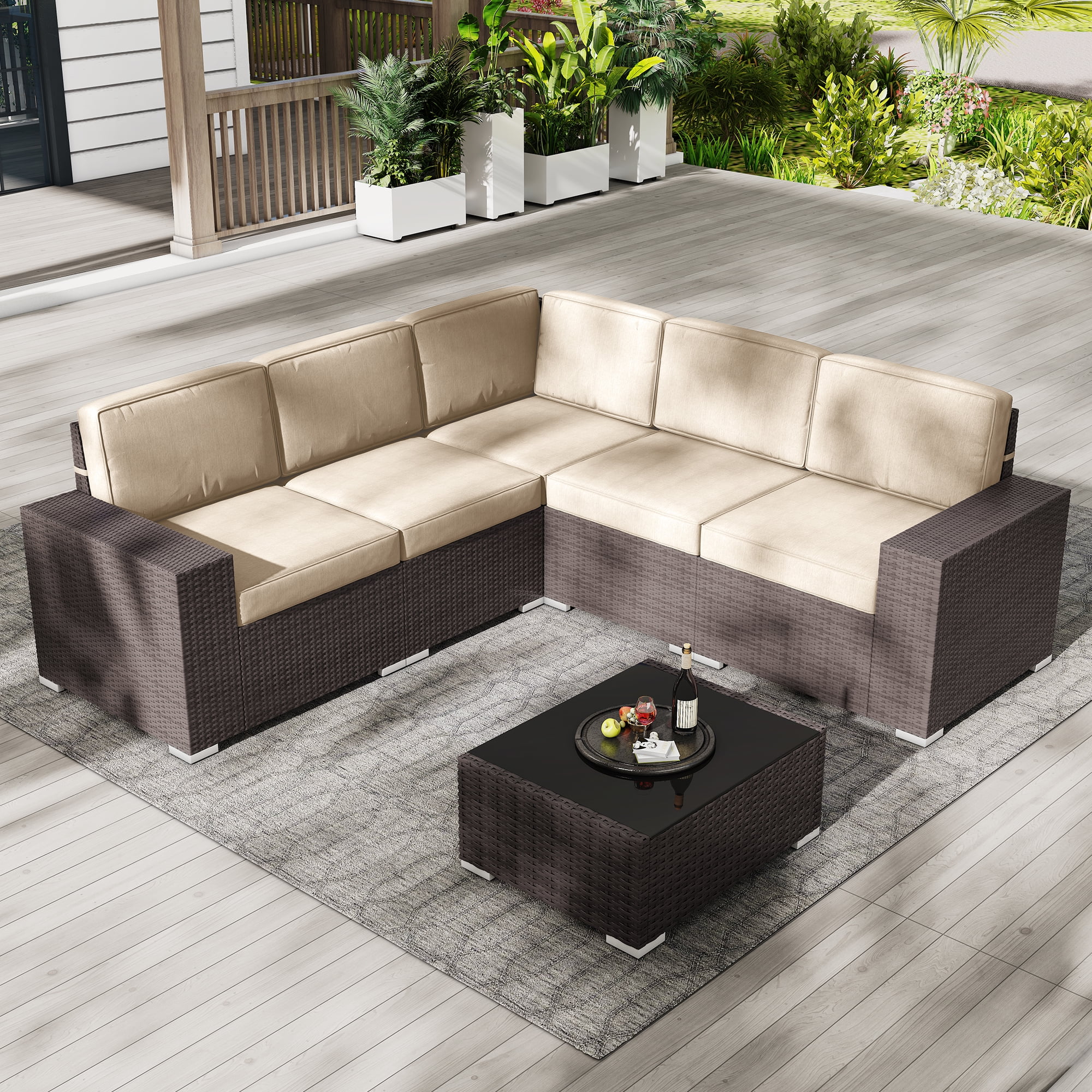 Outdoor Patio Furniture Set 6 Pieces Sectional Conversation Sofa Set Brown Rattan Sofa Set with Coffee Table