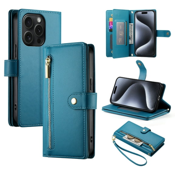 Allytechgroup Wallet Case for Apple iPhone 16 Pro, 9 Cards Holder Zipper Pocket Hand Wrist Shockproof Stand Flip Cover RFID Blocking Phone Case for Women Men, Blue