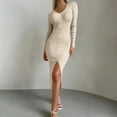 thumbnail image 7 of yillto Women Knit Dress Split Long Sleeve Ruched Slim Midi Dresses High Waist Ribbed Formal Outfits, 7 of 7