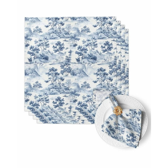Cloth Napkins Chinoiserie Garden Plant Hill Scene Washable Soft Kitchen Dinner Napkin Set of 4,Asian Scenic Blue White Reusable Cocktail Napkins for Wedding Holiday Party Event,20x20In