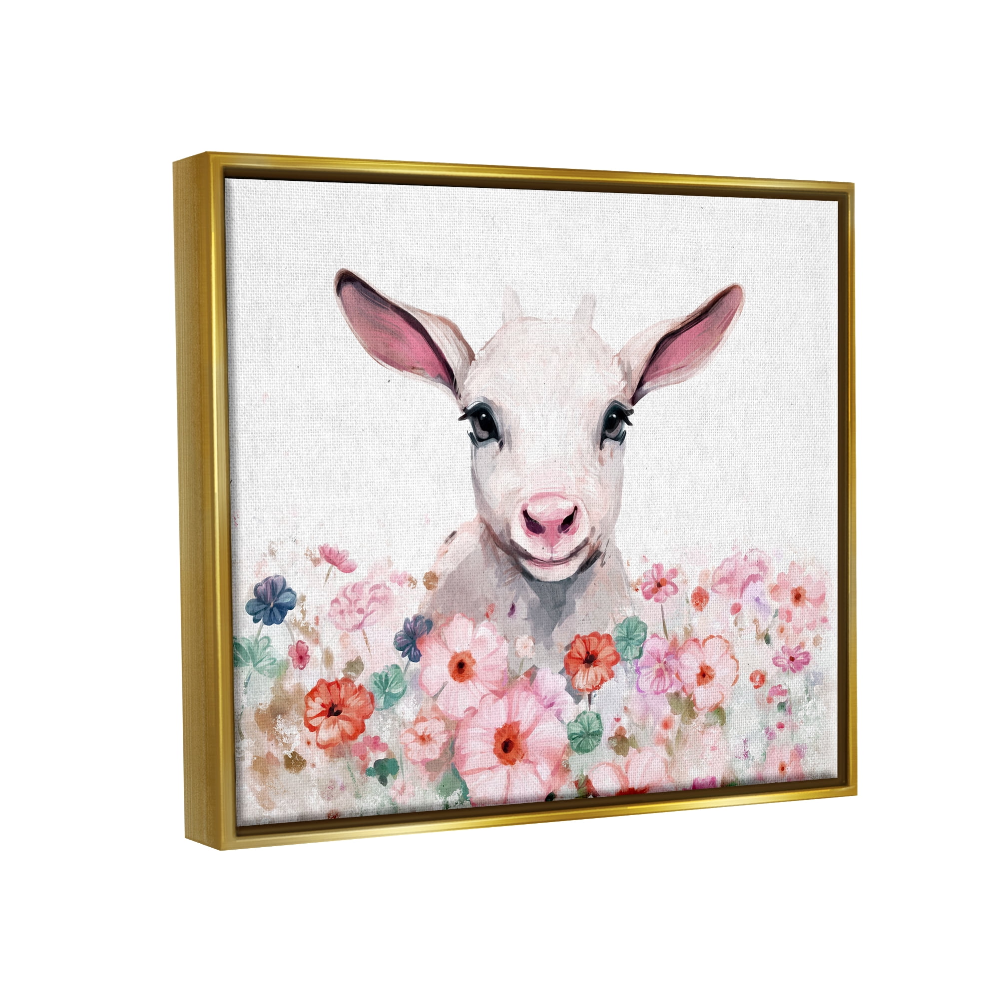 Stupell Industries Baby Sheep & Pink Flowers Animals & Insects Painting Gold Floater Framed Canvas Art Print Wall Art, 21 x 17