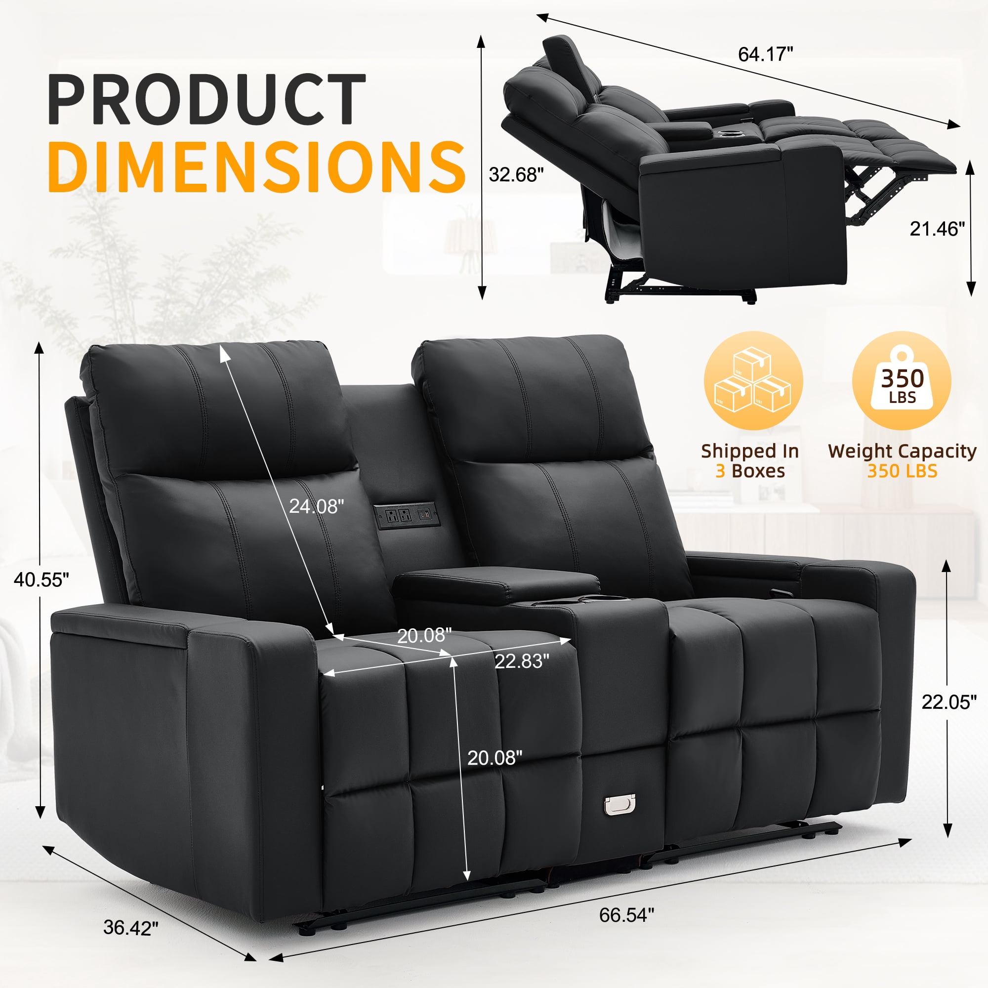 Korser Reclining Loveseat with Cup Holders,2-Seater Recliner Sofa with USB Ports & Type C Double Manual Recliner Chair for Living Room,Faux Leather,Black