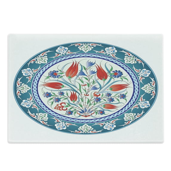 Tulip Cutting Board, Historical Traditional Medieval Turkish Ornate Tulip Flowers Round Frame Print, Decorative Tempered Glass Cutting and Serving Board, Large Size, Teal Red White, by Ambesonne
