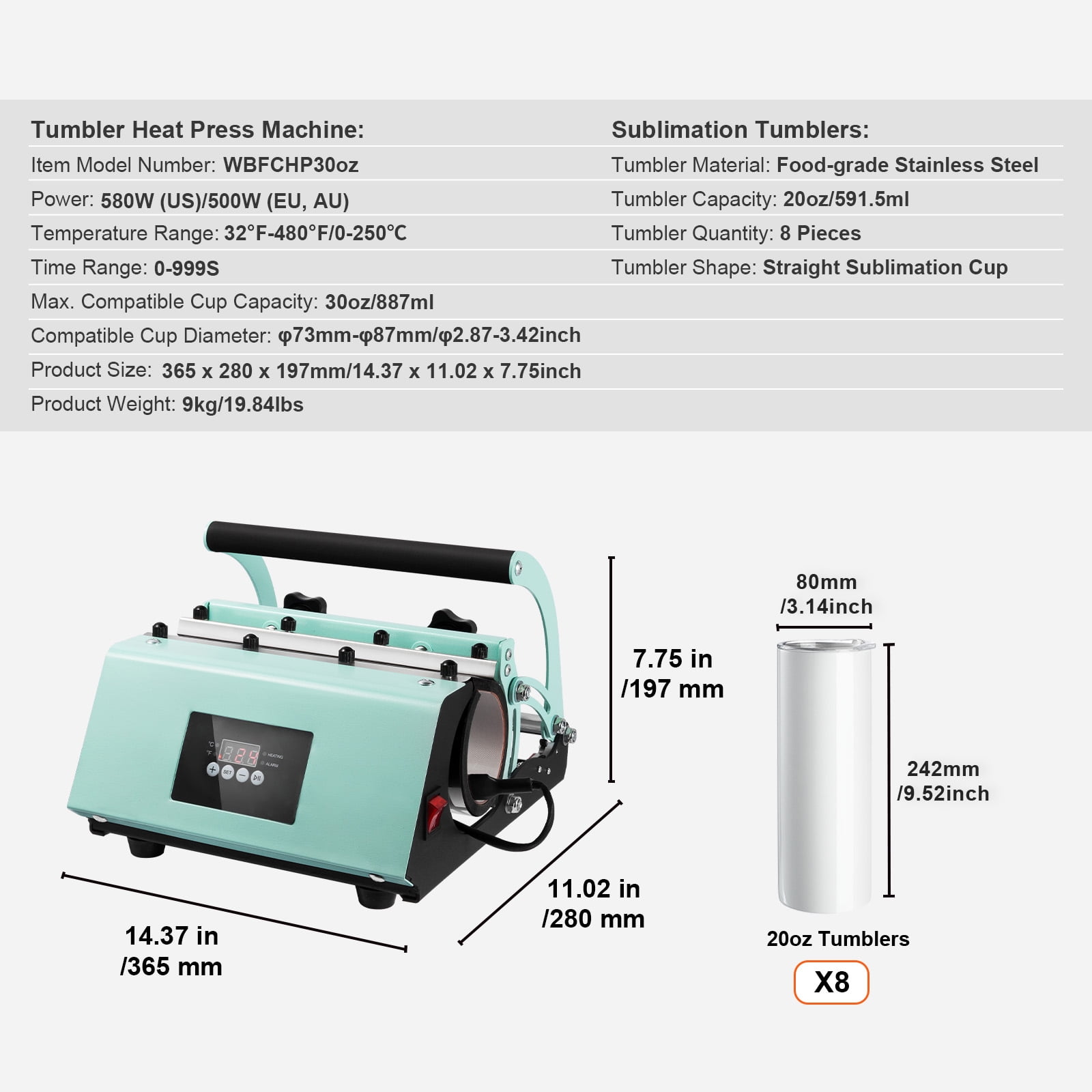 KFFKFF Heat Press Equipment and Transfer Tumblers, Set of Tumbler Press with 8 units of 20OZ Empty Tumblers, Cup Press Machine suitable for 11-30oz Mugs