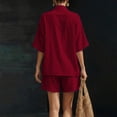 thumbnail image 5 of Ecqkame Two Piece Sets for Women Linen V Neck Short Sleeve Tops and Elastic Pockets Shorts Casual Summer Lightweight Vacation Outfit Set Red XXXL, 5 of 8