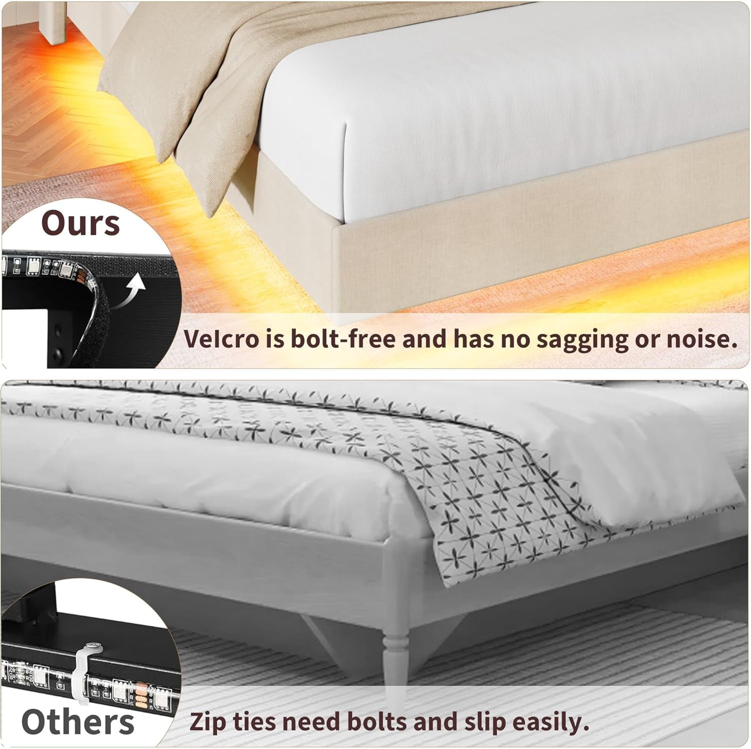 King Size Floating Metal Bed Frame with RGB LED Lights and Charging Station, Upholstered Platform Bed with Storage Headboard and Button Tufted Design, No Box Spring Needed