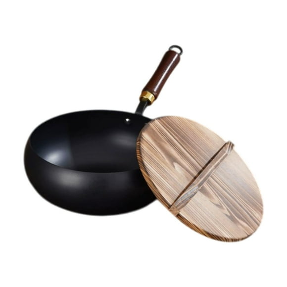 Tnarru Nonstick Wok Cast Iron Wok Pan 9.45inch Flat Bottom Induction Cooker Chinese Wok with Wooden Lid for Hotel Restaurant Kitchen