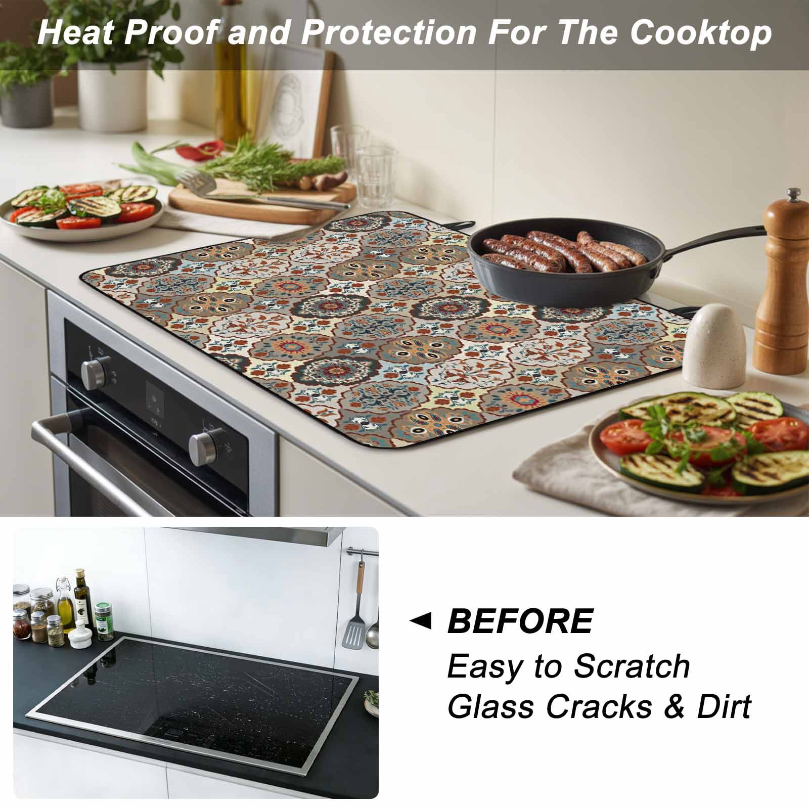 Abstract Flower, Stove Top Cover for Electric Stove, Heat-proof & Non Slip Glass Top Stove Cover Protector, Oriental Bohemia Brown Geometric Leaves Kitchen Flat Cooktop Rubber Mat 24x21 Inches