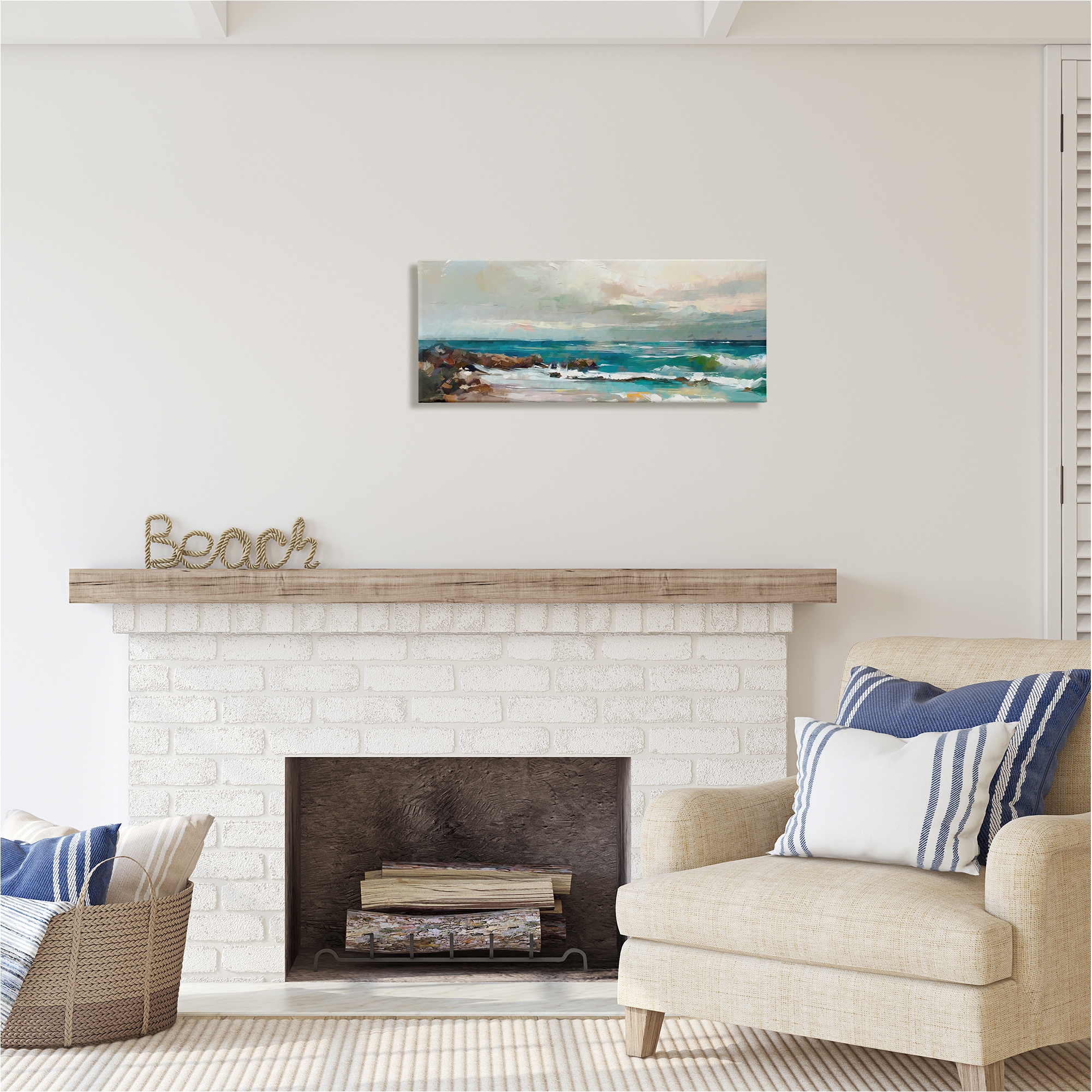 Stupell Industries Rocky Ocean Waves Landscape Painting Gallery Wrapped Canvas Art Print Wall Art, 30 x 13
