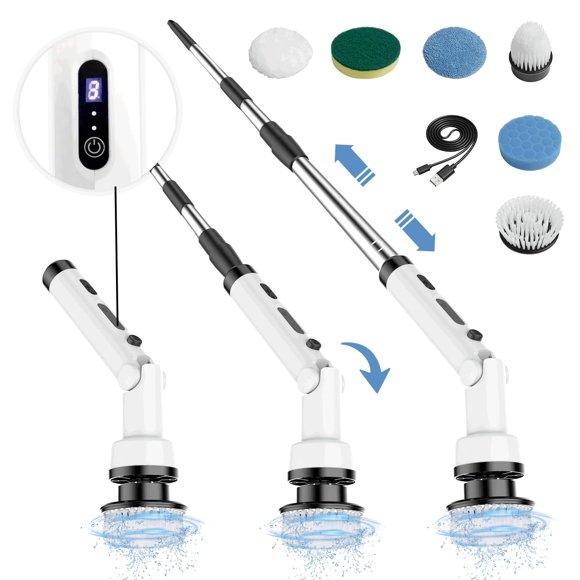 Tiamo Electric Spin Scrubber,180° Adjustable Angle Shower Power Cleaning Brush with 6 Replaceable Heads,3 Extension Handles,3 Adjustable Speeds,IPX7 Waterproof