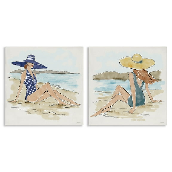 Stupell Industries Bathing Beauties on Beach People Painting Wrapped Canvas Art Print Wall Art, 17 x 17, Set of 2