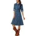 thumbnail image 4 of INSPIRE CHIC Denim Dress for Women's Long Sleeve Button Down A-Line Belted Classic Jean Dresses XS Blue, 4 of 6