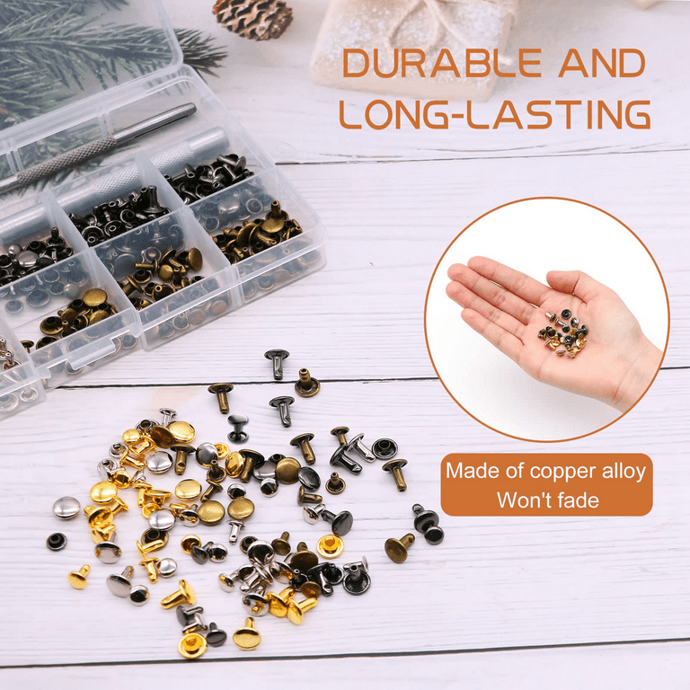 TLKKUE 240 Sets Rivets for Leather 3 Sizes Double Cap Rivets Tubular 4 Colors Leather Rivets with Rubber Hammer Fixing Tool Kit 4 Pieces for DIY