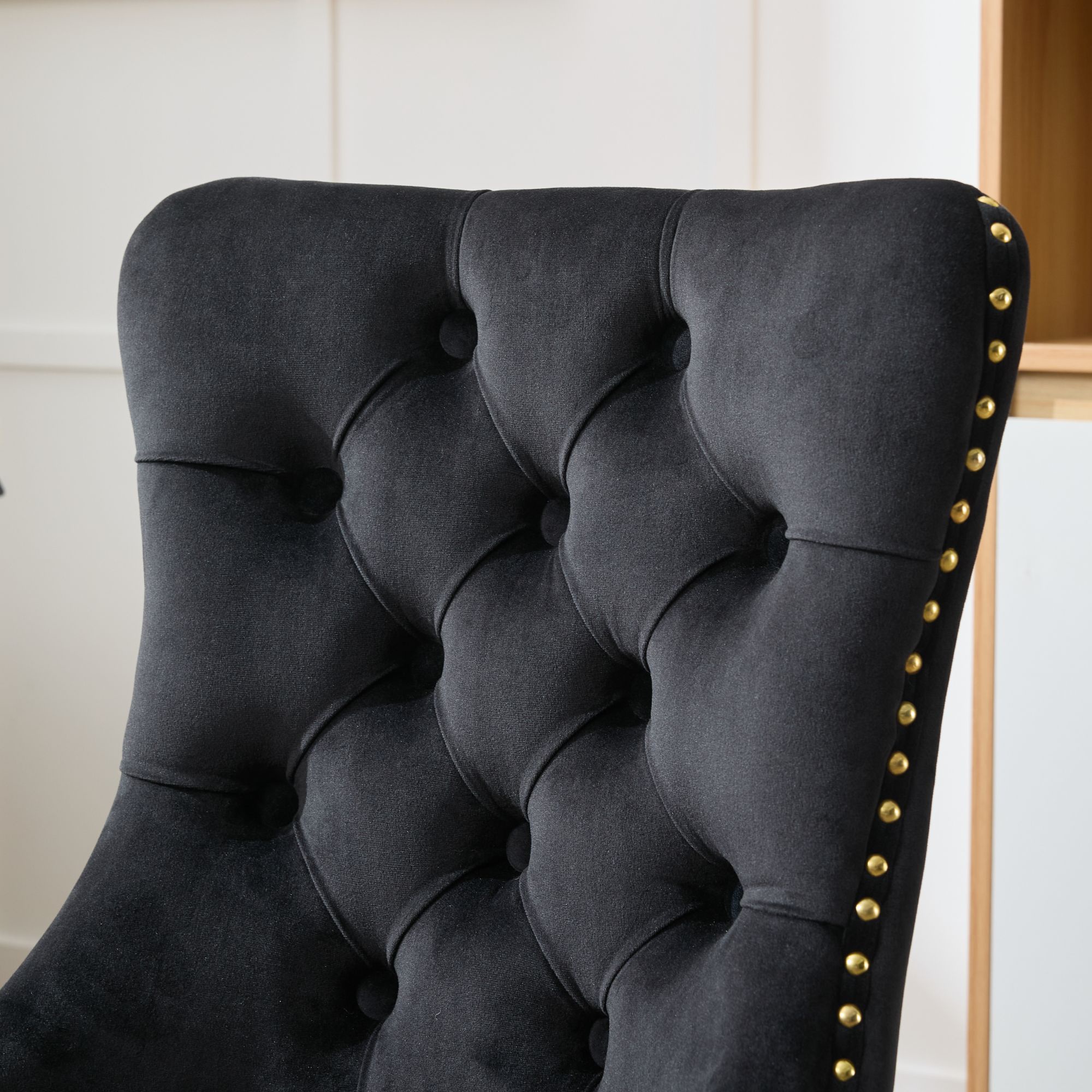 SESSLIFE Swivel Vanity Chair, Modern Office Chair with Wheels, Golden Metal Base, Velvet Upholstered Tufted Button Home Office Chair with Adjustable Height, Ergonomic Home Desk Chair, Black