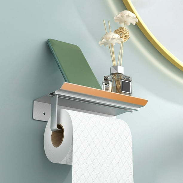 Portarrollos de papel higiénico de pared con repisa para teléfono | Moderno dispensador de rollos de papel higiénico de aleación de aluminio | Acabado negro plateado | Fácil instalación con taladro