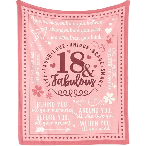 18th Birthday Gifts for Girls, 18 Year Old Girl Birthday Gifts - Gifts for 18 Year Old Girl, Daughters, Sisters, Granddaughters, Nieces - Flannel Plush Throw Blanket - Pink - 50"x 65"