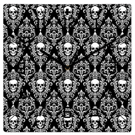 Wall Clock Black Damask Skull Operated Square Clocks Wooden Silent Non-Ticking Wallclock 12 Inch Luxury Floral Skeleton Wood Wall Clock for Living Room Bedroom Office Shool Home Decor