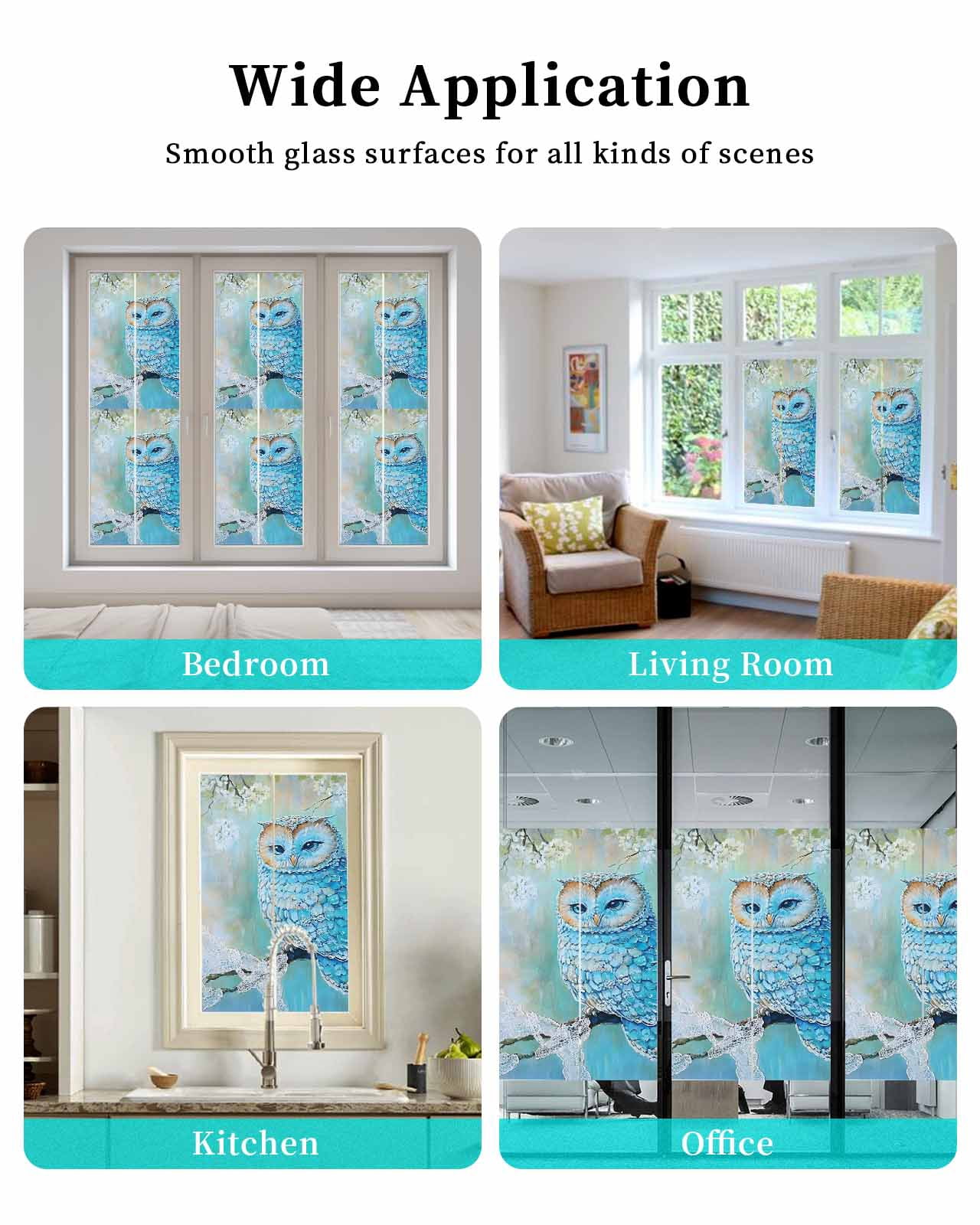 Window Privacy Film Blue Owl Stained Glass Window Film Decorative Sun Block Window Cover Watercolor Flower Bird on Branch Window Clings Static Adhesive Sticker for Bathroom 23.6"x59"