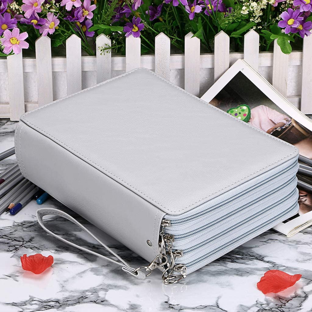 200 Slots Colored Pencil Organizer - Deluxe PU Leather Pencil Case Holder With Removal Handle Strap Pencil Box Large for Colored Pencils Watercolor Pencils Grey