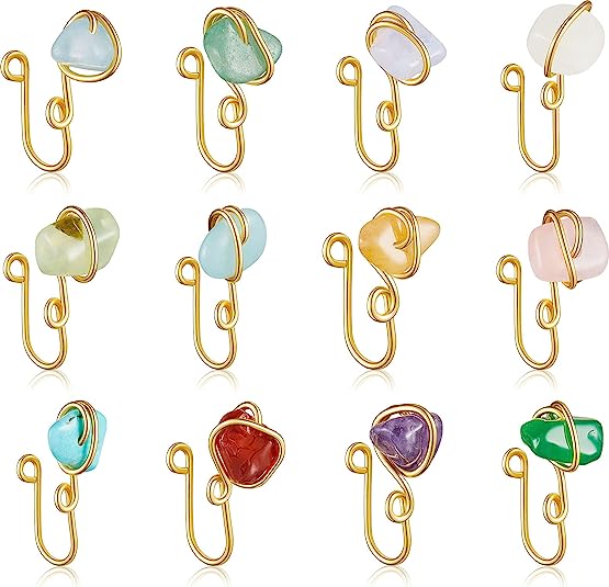 12 Pieces Crystal Stone Nose Cuff Rings African Nose Cuff Fake Nose