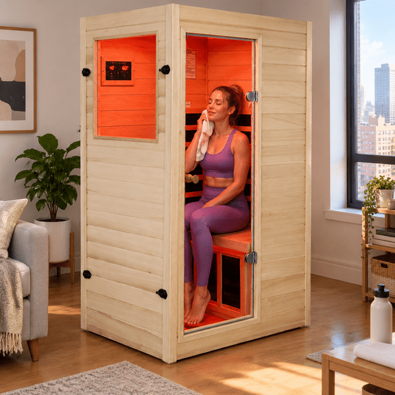 KUNSANA Mini Far Infrared Sauna Poplar Wood Red Light Therapy Low EMF for 1 Person 905W