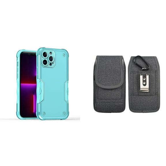 Case with Belt Holster Bundle for iPhone 14 Pro Max: Slim EX Hybrid Series Shockproof Case (Teal) and Vertical Phone Pouch Nylon Fabric (Grey)