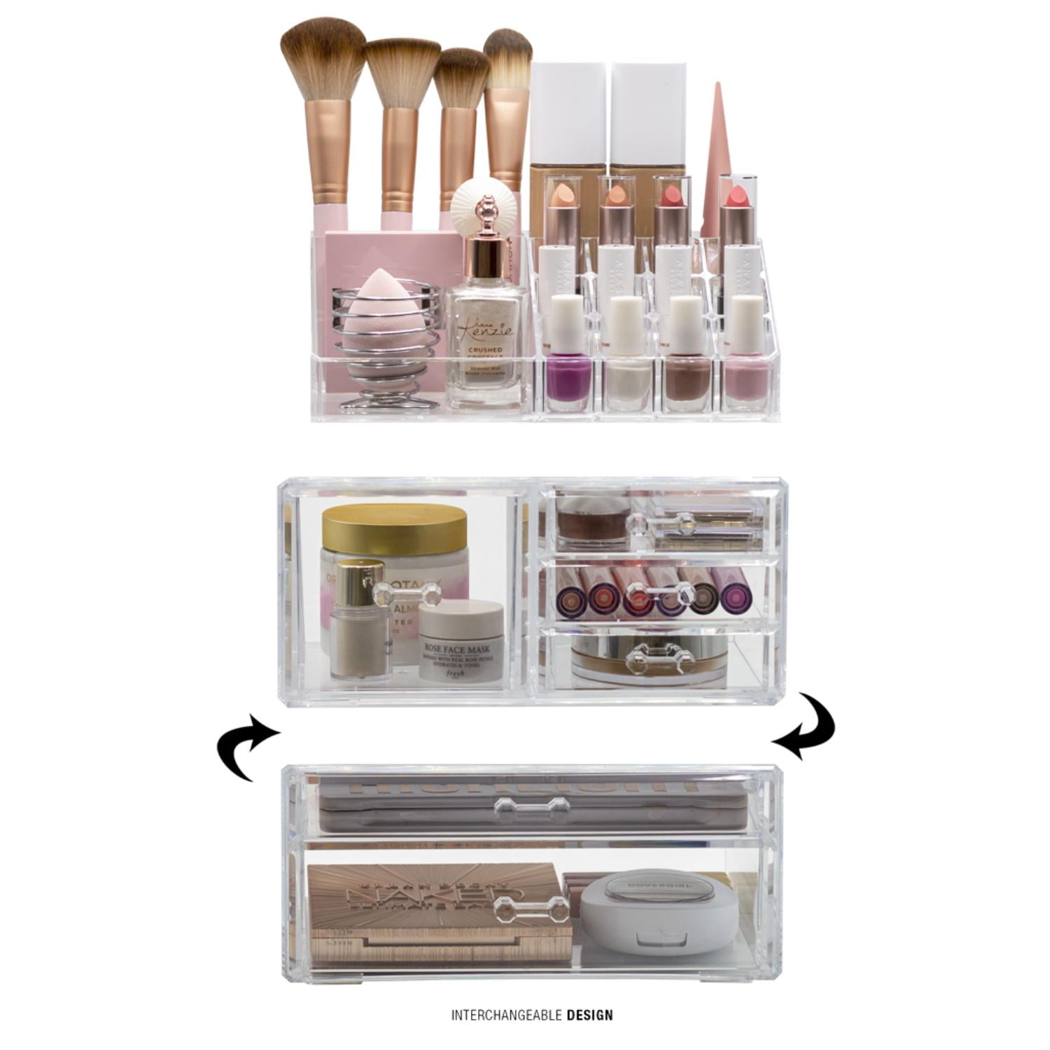 Sorbus Large Clear Makeup Organizer with 6 Drawers & 16 Slots, 3-Piece Detachable Storage
