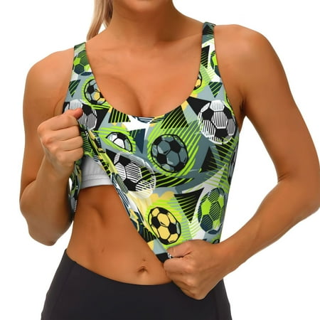 Qokaie Football Doodle Pattern Womens Scoop Neck Sports Bra Breathable Workout Vest Padded U Back Medium Impact Fitness Gym Yoga Bra Workout Crop Top
