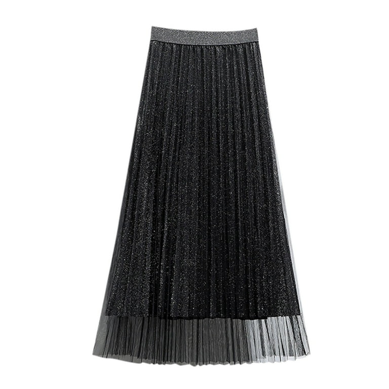 Fsqjgq Women's Black Pleated Skirt Gradient Starry Sky Shiny Fsqjgq Women's Black Pleated Skirt Gradient Starry Sky Shiny