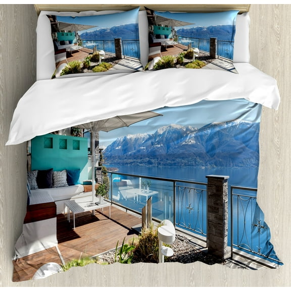 Modern Duvet Cover Set, Lake View with Snowy Peak Mountain and Ocean Seascape Balcony House Image, Decorative 3 Piece Bedding Set with 2 Pillow Shams, King Size, Sky Blue and Brown, by Ambesonne