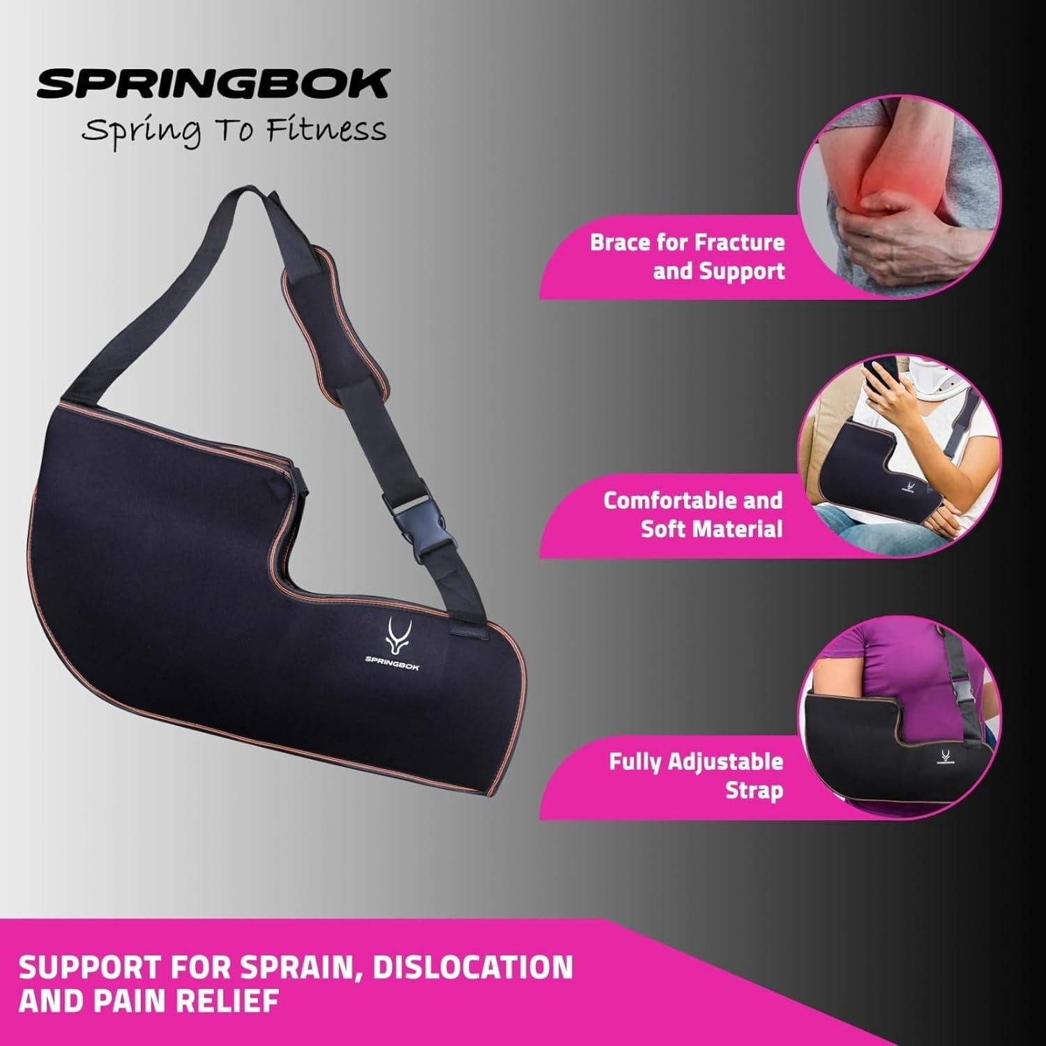 SPRINGBOK Arm Sling Shoulder Injury Immobilizer | Foam & Polyster Fabric Arm Sling Pouch | Wrist Elbow Support Brace | Left or Right Arm Elbow Support (Black_L) 1 Piece