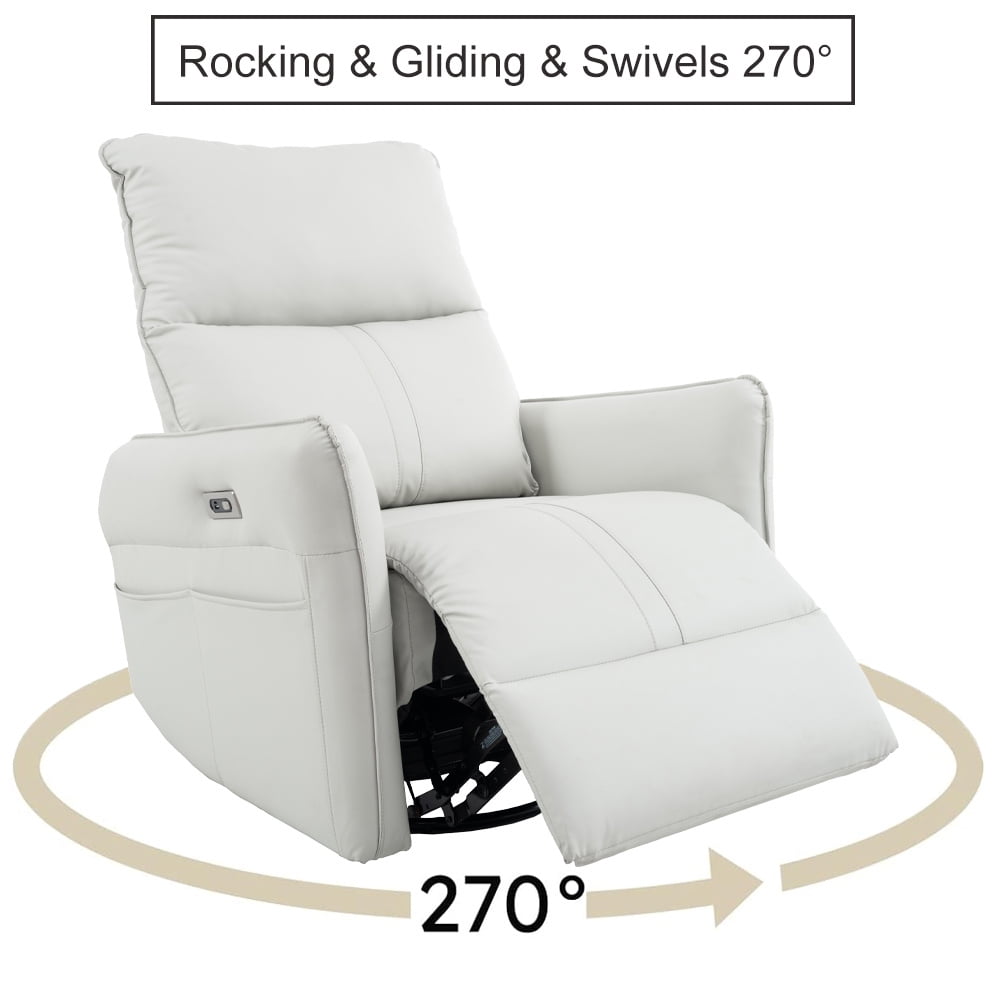 Rocker Recliner Chair, Swivel Recliner Chair with High Back & Footrest, Built-in USB Ports & Side Pocket, Rocking Chair Nursery in PU Leather, Glider Rocker Chair Reclining Sofa for Living Room, Grey