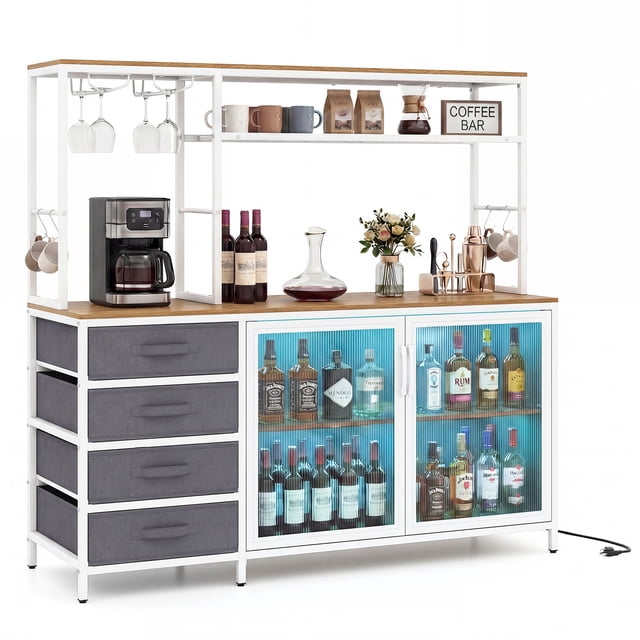 Gymax Sideboard Buffet Cabinet w/ LED Lights 55'' Coffee Table w/ Power Outlets Natural