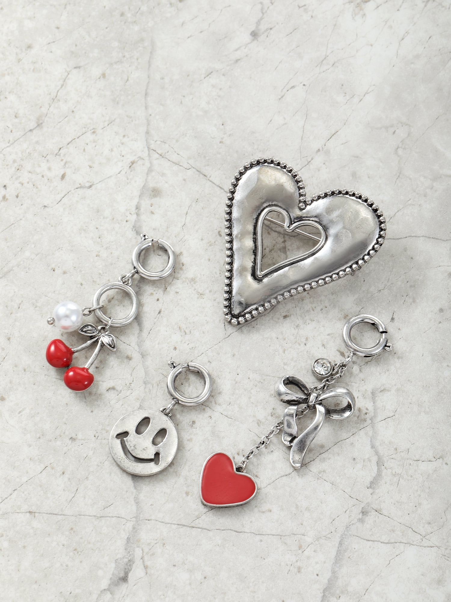 No Boundaries Silvertone Heart Pin and Charm Set, 4 Pieces