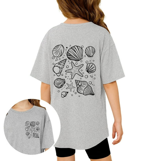 T-shirt Décontracté à Manches Courtes pour Tout-Petites Filles, Col Ras du Cou, Haut Imprimé, Vêtements Gris, Taille 4-5T