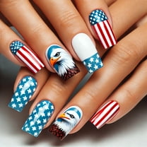 4th of July Press on Nails Short Square Independence Day Fake Nails Red Blue Fireworks Chrome False Nails Designs French Tip Acrylic Nails Patriotic Nail Full Cover Stick on Nails for Women 24 Pcs