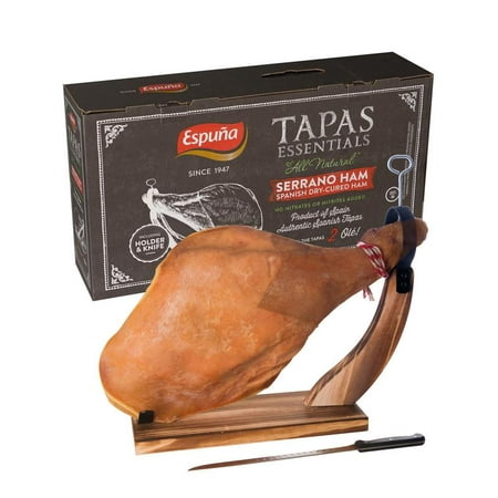 Upper Cut Whole Serrano Ham Leg in Box 15.4lb with Wooden Stand and Carving Knife Upper Cut Whole Serrano Ham Leg in Box 15.4lb with Wooden Stand and Carving Knife