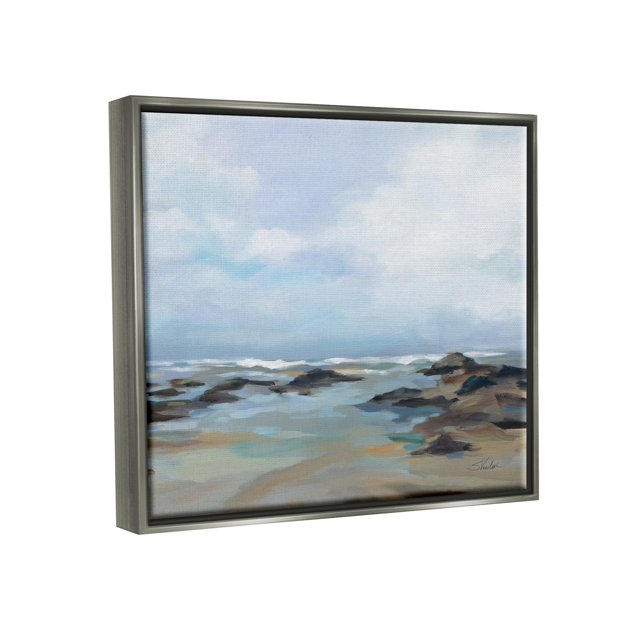 Stupell Industries Morning Beach Painting Nature Painting Gray Floater Framed Art Print Wall Art, 31 x 25