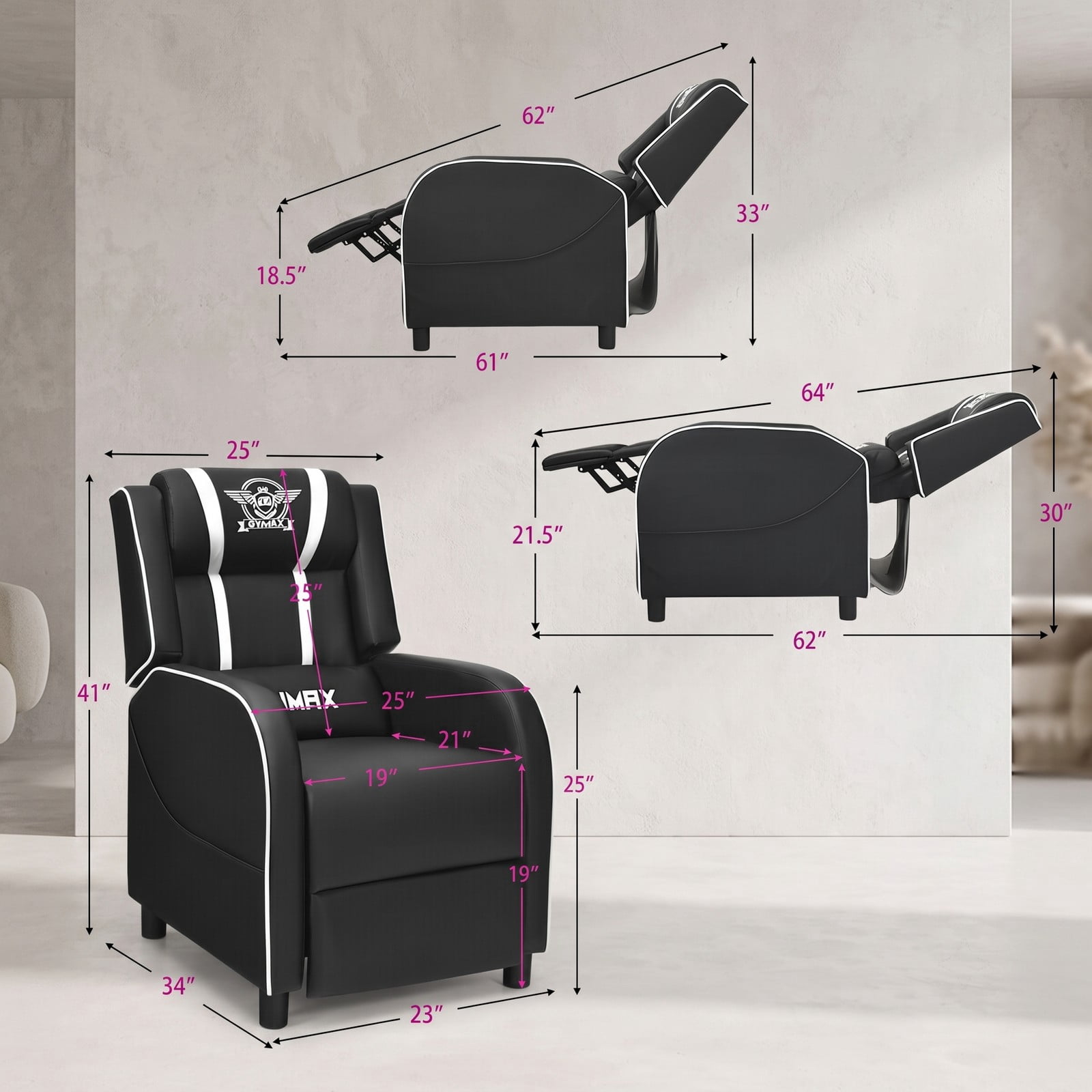 Furnibear Massage Gaming Recliner Chair, Ergonomic PU Leather Racing Style Reclining Sofa with Footrest, Lumbar Massage, Headrest Pillow and Remote for Home, White