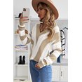 thumbnail image 3 of ABPHQTO Jersey de mujer de punto con cuello de pico y rayas color caqui, 3 of 5