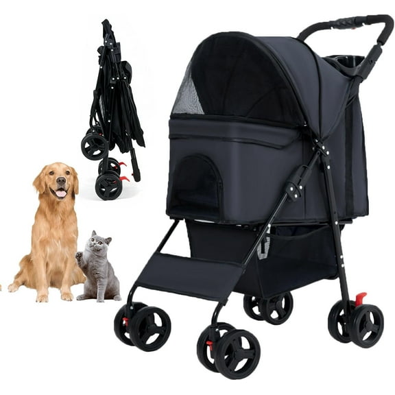 4-Wheel Small Pet Stroller with Weather Cover, Mesh Windows, Storage Basket & Cup Holder, Up to 44 lbs, Black
