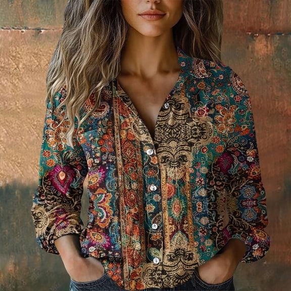 Women Cotton Shirt Printed Fashion Button Down Shirts Casual Tops Long Sleeve Blouse Brown