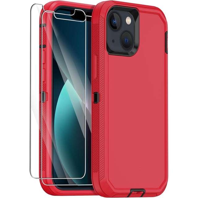 Funda para iPhone 13 con 2 protectores de pantalla, resistente y duradera, de 3 capas, para Apple iPhone 13 de 6.1 pulgadas (rojo y negro)