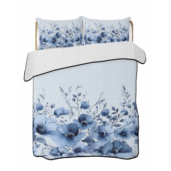 Twin Quilt Bedding Set, Blue Blooms Floral Reversible Summer Quilt 3 Pieces, Spring Flowers Botanical Blue Ombre Lightweight Bedspreads Coverlets with 2 Pillow Shams for All Seasons