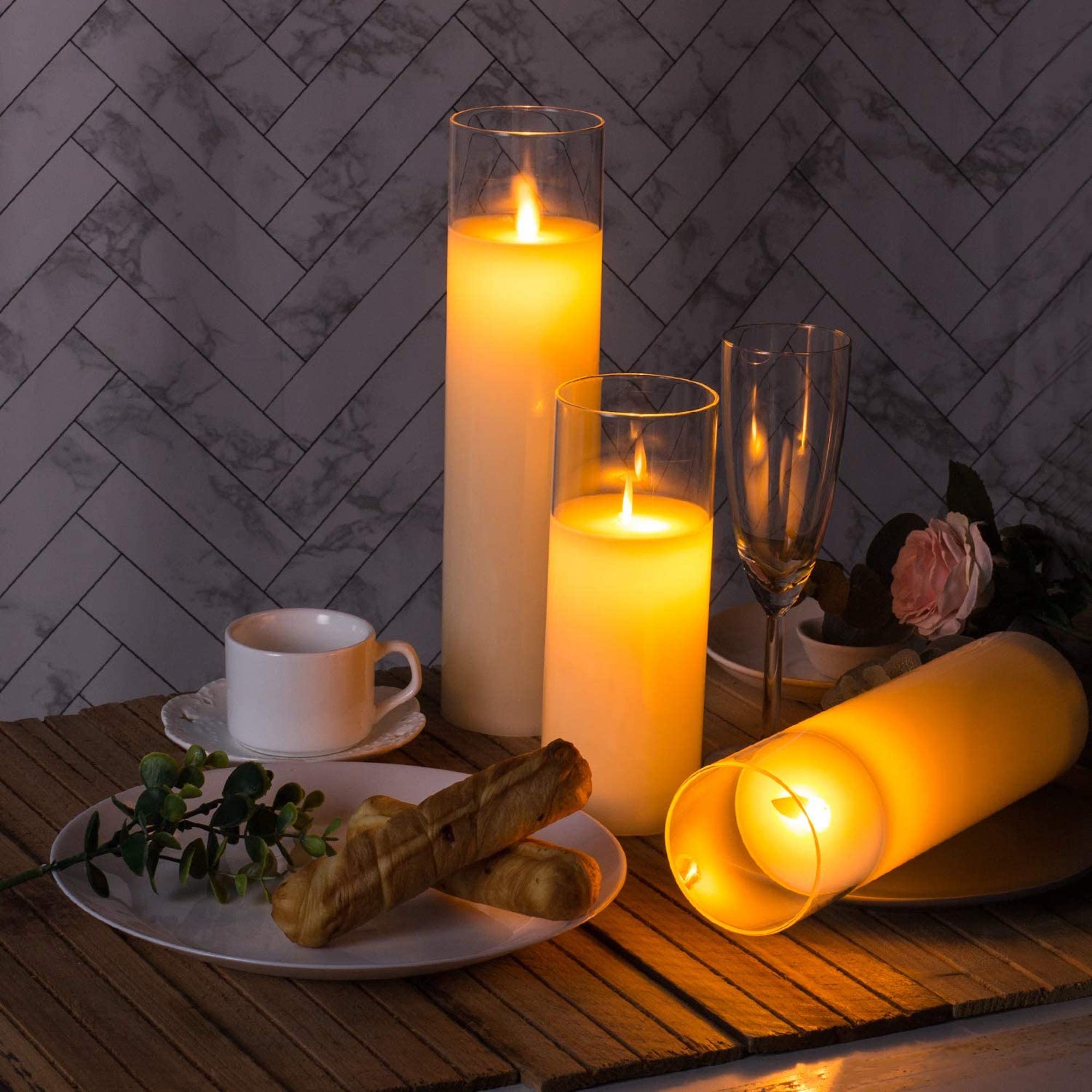 Big Size Candles Set of 8" 10" 12" Glass Flameless Candles  Battery Operated Real Wax Pillars Glass LED Candles with Remote Control Cycling Timer