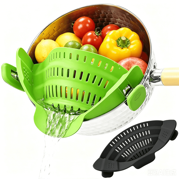 2Pcs Clip on Strainer, Silicone Food Strainer Hands-Free Pan Strainer, Silicone Pasta Strainer Clip-On for Pots and Pans, Heat Resistant Colander for Cooking